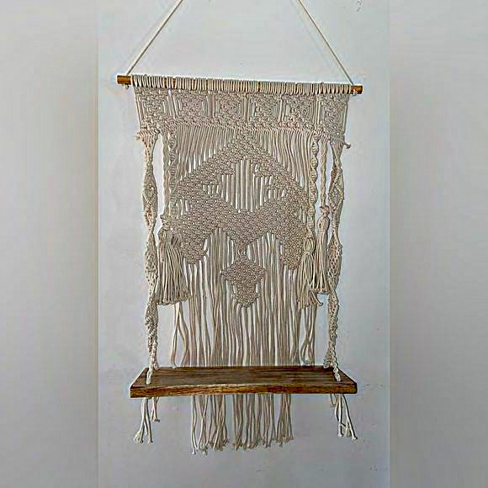 Wall Mounted Floating wood‎ Shelf Large cream boho Macrame Tapestry